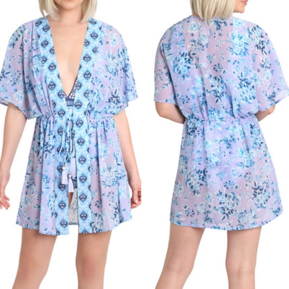 NANETTE LEPORE NWT KAYLA TIE FRONT KAFTAN COVER UP SWIM DRESS PURPLE BLUE DRESS - Picture 7 of 7